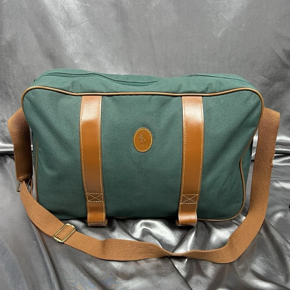 Polo Ralph Lauren Mens Bag Green Satchel Messenger Crossbody‎ Travel Vintage 90s